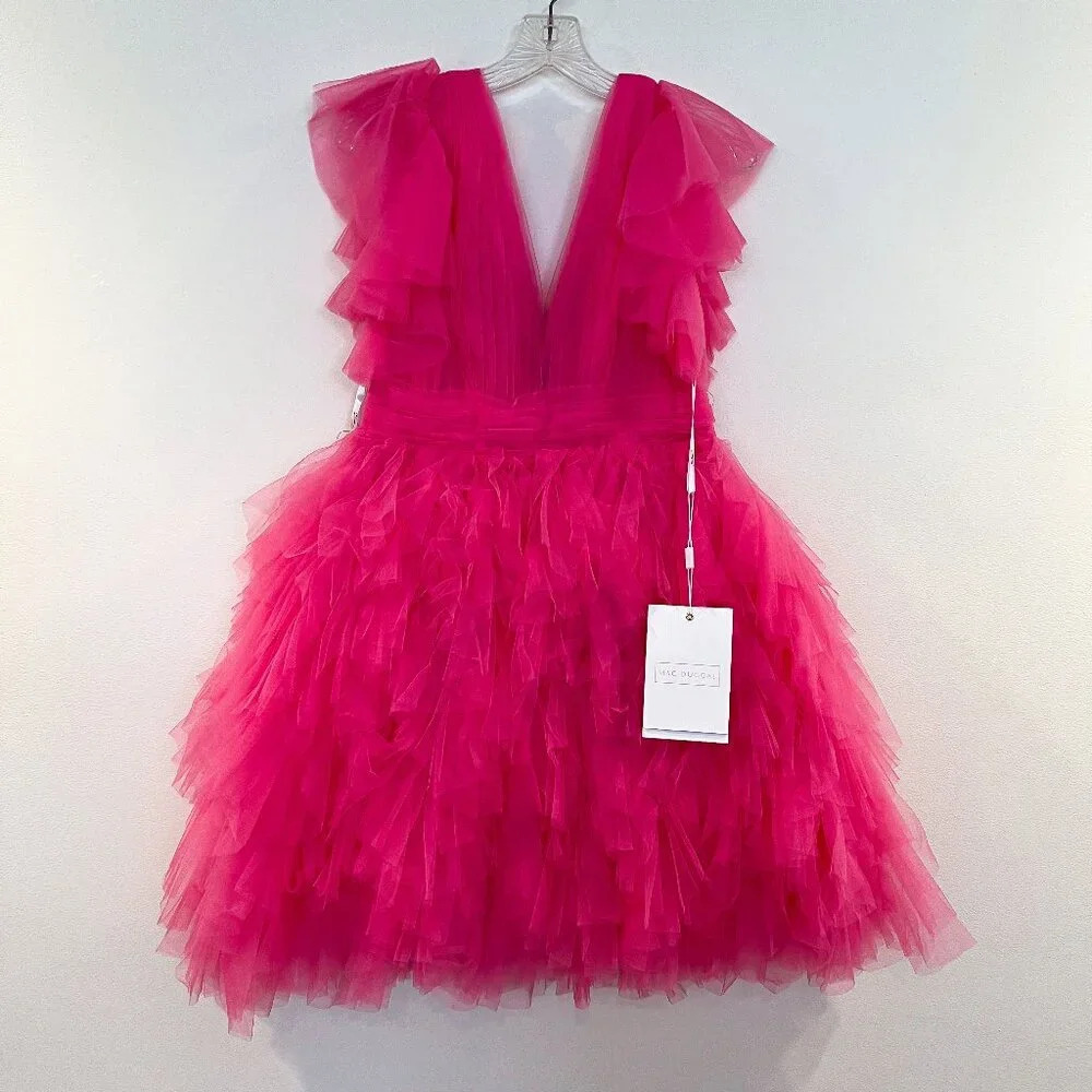 Mac Duggal Hot Pink Tulle V Neck Strapless Layered Preppy Mini Dress 6 NWT - Picture 2 of 10